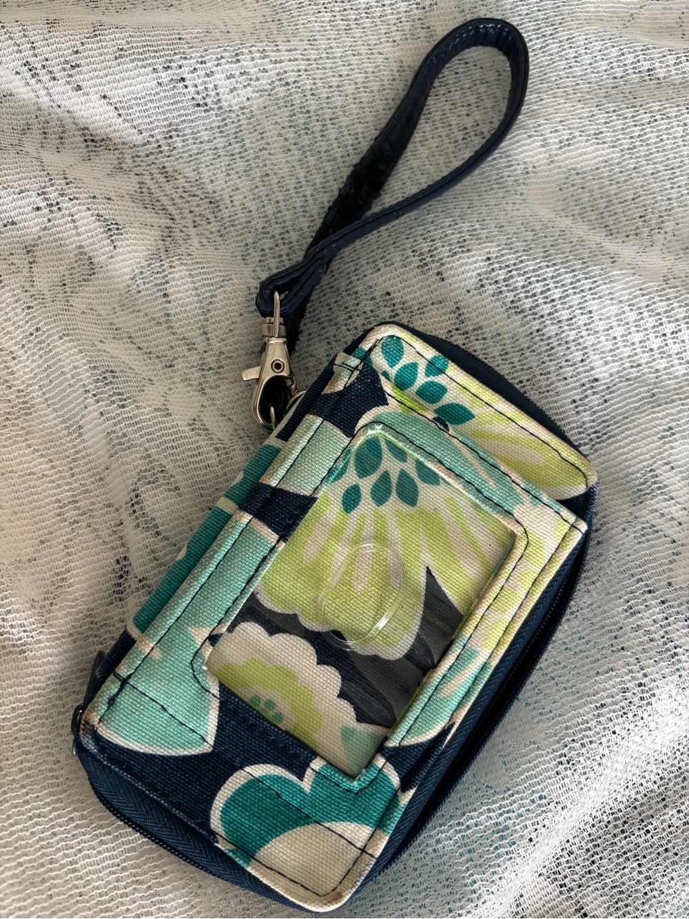 Thirty-One Bags Floral Navy & Teal Wristlet Key and Card Holder
